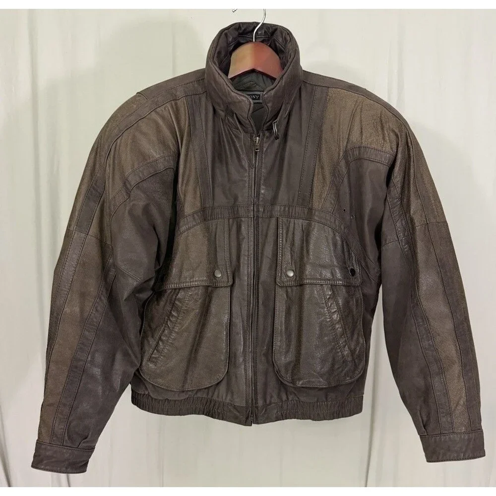 VTG Saxony Bomber Leather Jacket Mens 42 Two Tone Brown Biker Moto 90s Rare